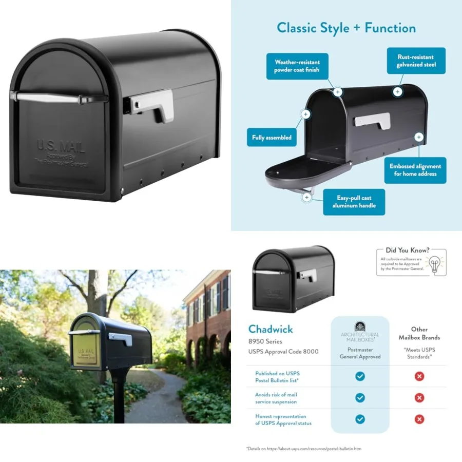 

Chadwick Galvanized Steel Post Mount Mailbox, 8950B-10, Black, Medium Capacity