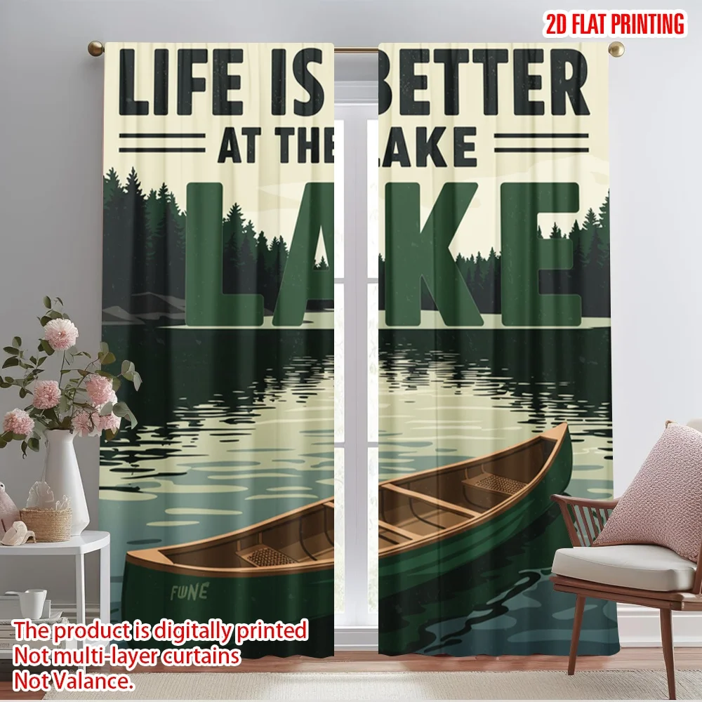 

2pcs 2D flat printing Window Treatment Curtains Life Better Lake Canoe 100% Polyester Without Electricity Festive Holiday for