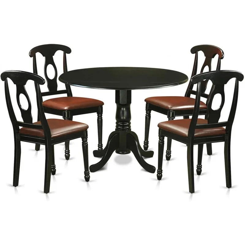 

DLKE5-BLK-LC 5 Piece Dinette Set for 4 Includes a Round Table with Dropleaf and 4 Faux Leather Dining Room Chairs, 42x42 Inch