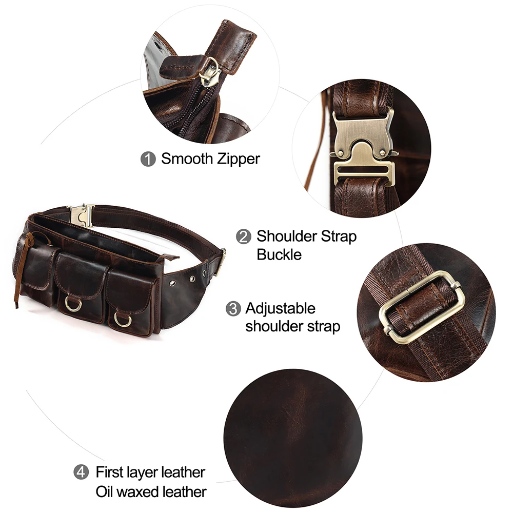 JOGUJOS Genuine Cowhide Leather Male Belt Bag Designer Vintage Waist Bags for Men Travel Chest Packs Multifunction Fanny Pack