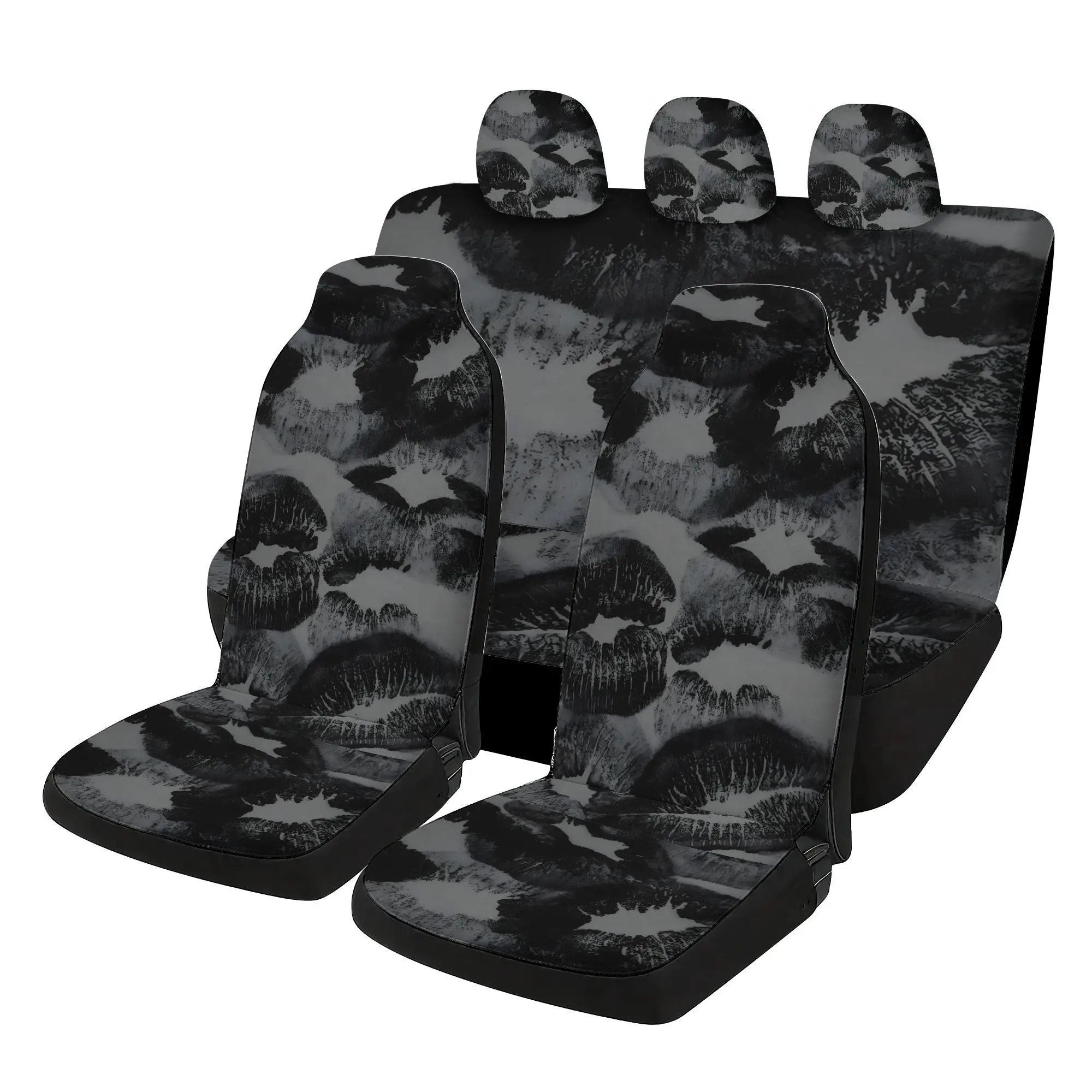 Set Of 7 Black Heart-Themed Universal Car Seat Covers Featuring Designs, Which Includes 2 Front Seat Covers, 1 Rear Seat Back Co