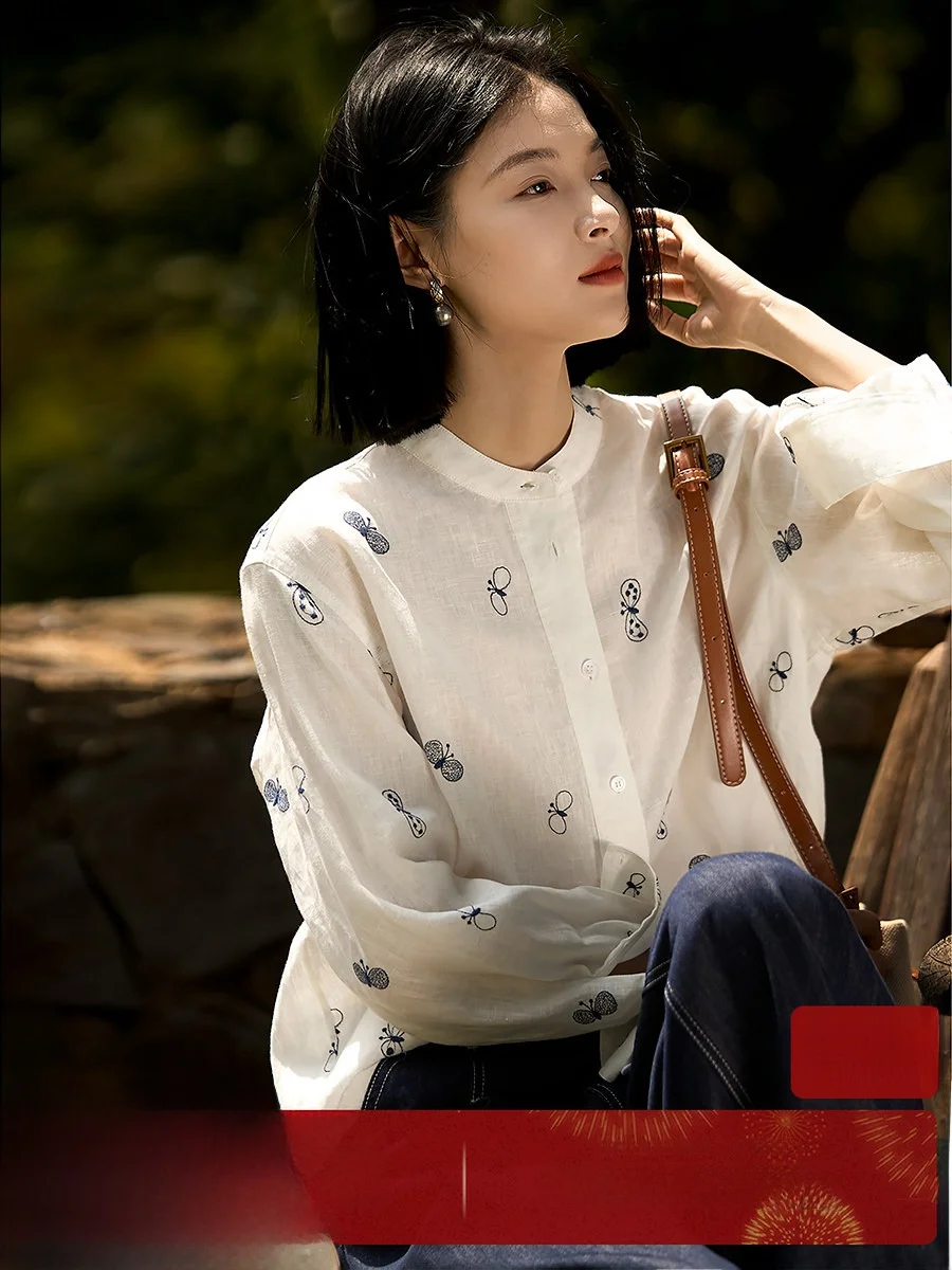 

Белая льняная рубашка с длинным рукавом и вышивкой, женская, деловая повседневная, прямого кроя, в стиле OL, лето 2025, производство Китай