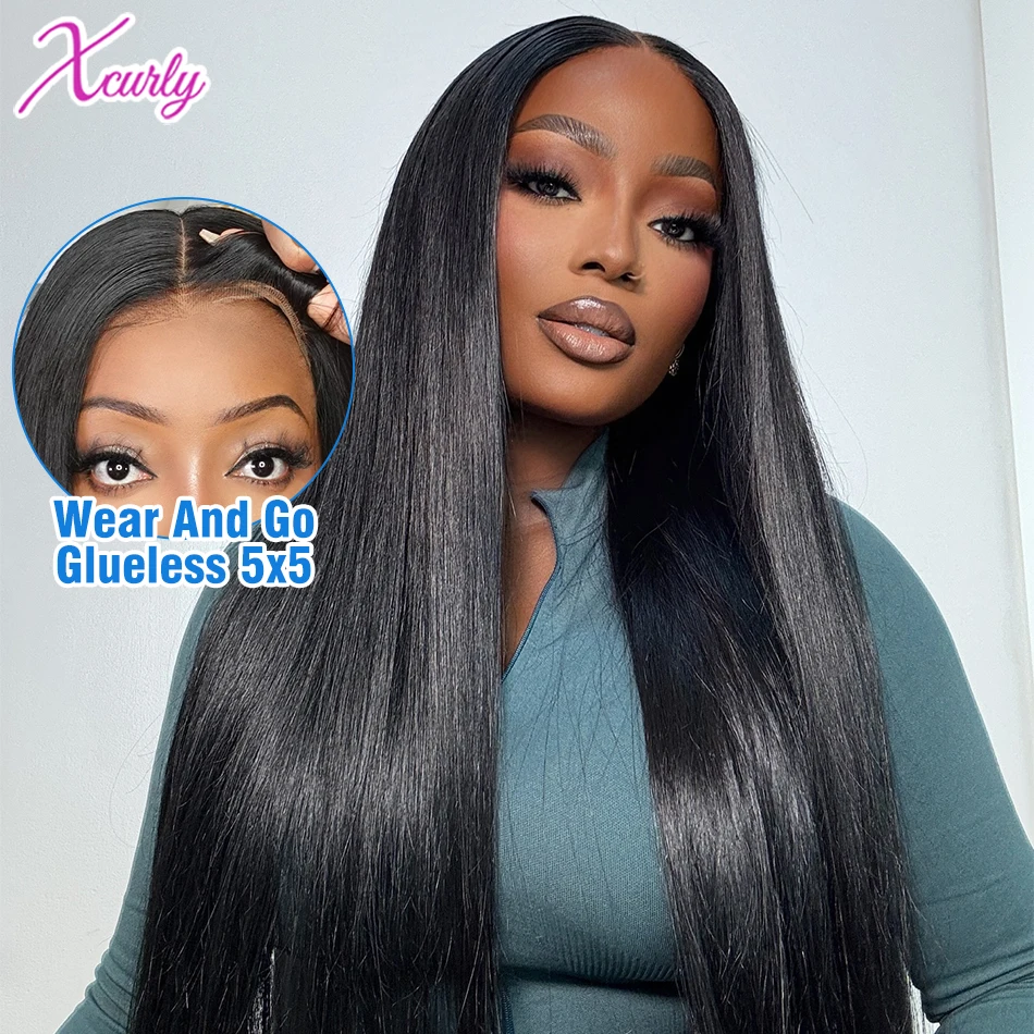 Xcurly 220% Bone Straight Wear And Go Glueless 5x5 Ready to Wear Lace Closure Wig Pre Plucked HD Transparent Human Hair Wigs