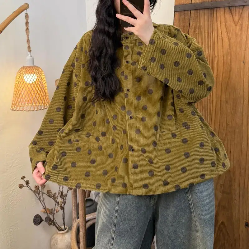 Autumn New Arts Style Women Long Sleeve Single Breasted Loose Casual Jackets High Quality Cotton Corduroy Dot Print Coats TH99