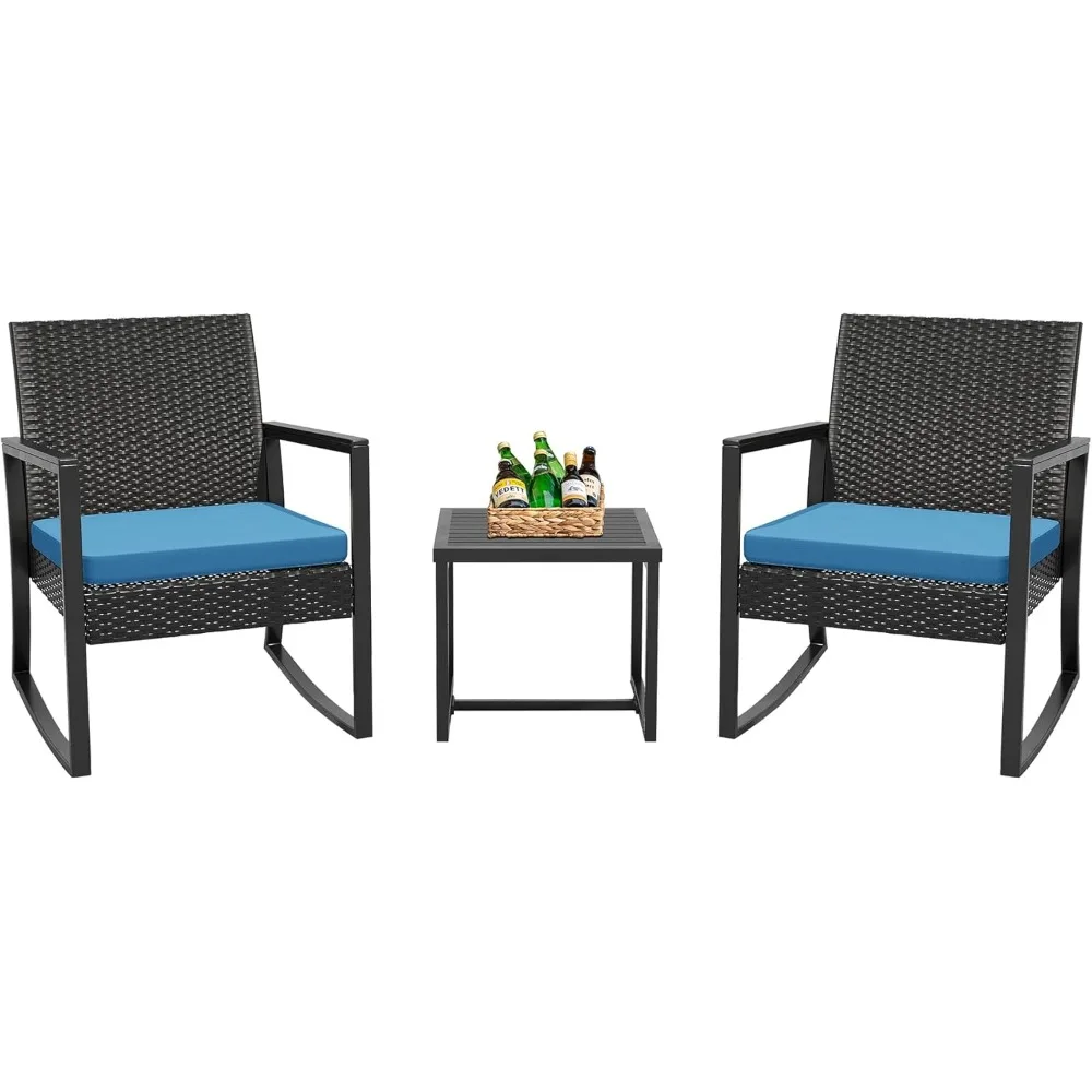 

3 Pieces Outdoor Patio Furniture Set Rocking Wicker Rattan Chair Set Patio Bistro Conversation Set 3 Pcs with Coffee Table for