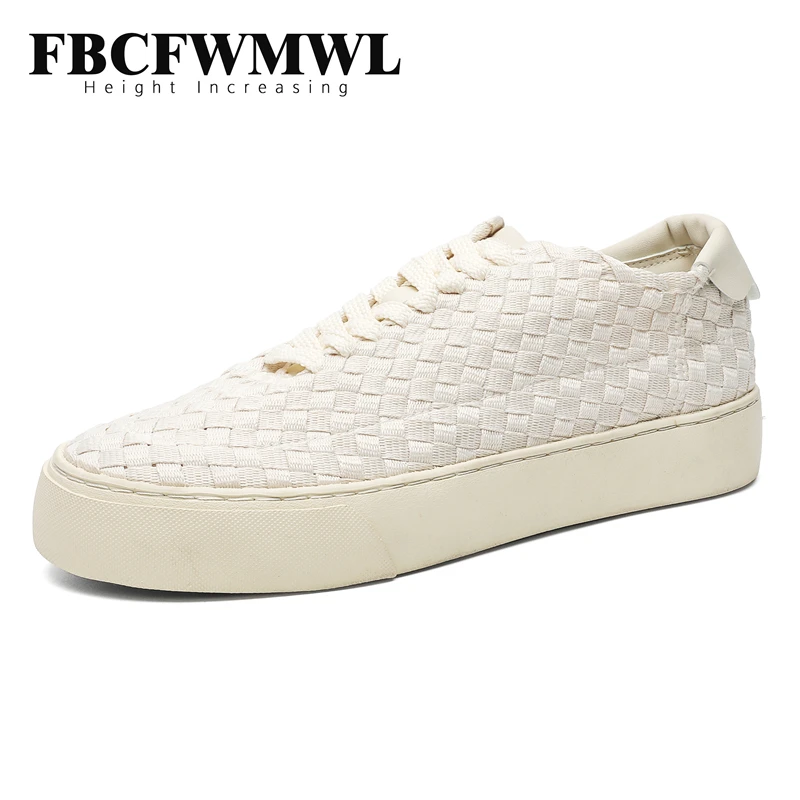 

New Fashion Hand Weaving Casual Shoes Men Breathable Skatebaord Shoes Summer Comfortable Height Increasing Elevator Canvas Shoes