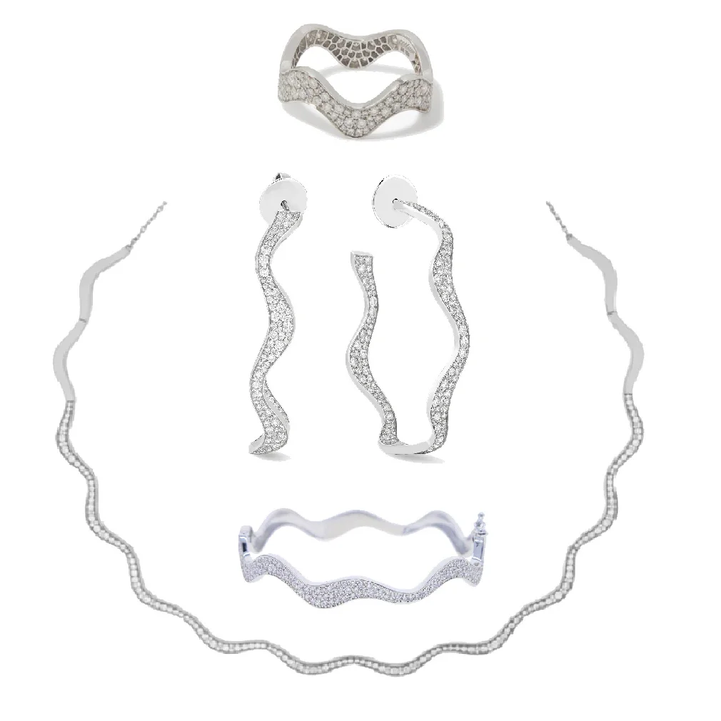 Sparking Hoop Earring Ring Bangle Choker Necklace Set Micro Paved 5A Cubic Zirconia CZ Wide Wave Band Fashion Women Jewelry
