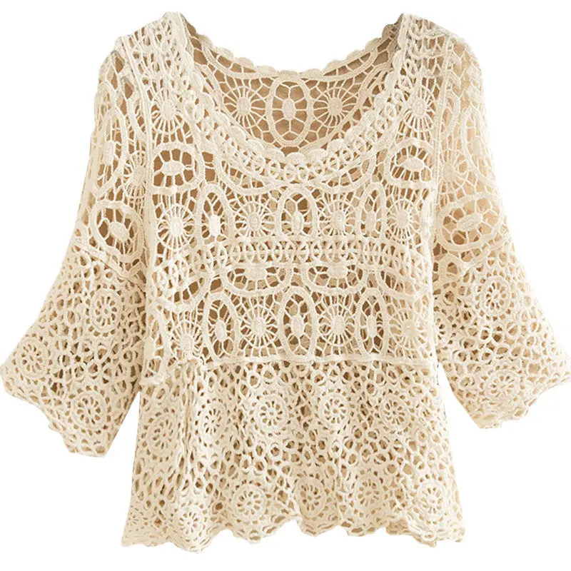 Summer Knitted Cardigan Women Hollow Out Cardigans Female Crochet Top Lace Blouse Short Sleeve Oversized Knitted Sweater Q261