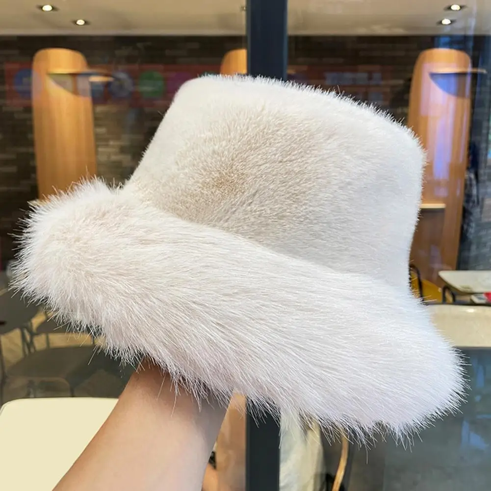 Women Winter Bucket Hat Fuzzy Plush Thickened Windproof Heat Retention Solid Color Dome Faux Fur Fisherman Hat Outdoor Cap