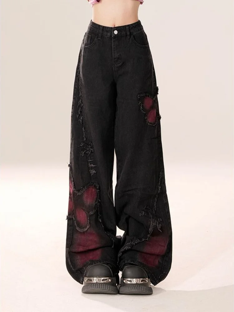 QWEEK-pantalones vaqueros de mariposa gótica para mujer, Vaqueros holgados de estilo Retro americano, Harajuku, Emo, moda de otoño, Y2k, 2024