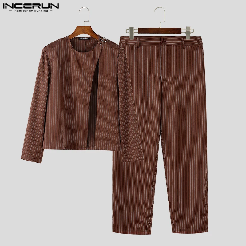 INCERUN 2024 Korean Style Men\'s Fashion Striped O-neck Long Sleeved Suit Long Pants Casual Streetwear Male Two-piece Sets S-5XL