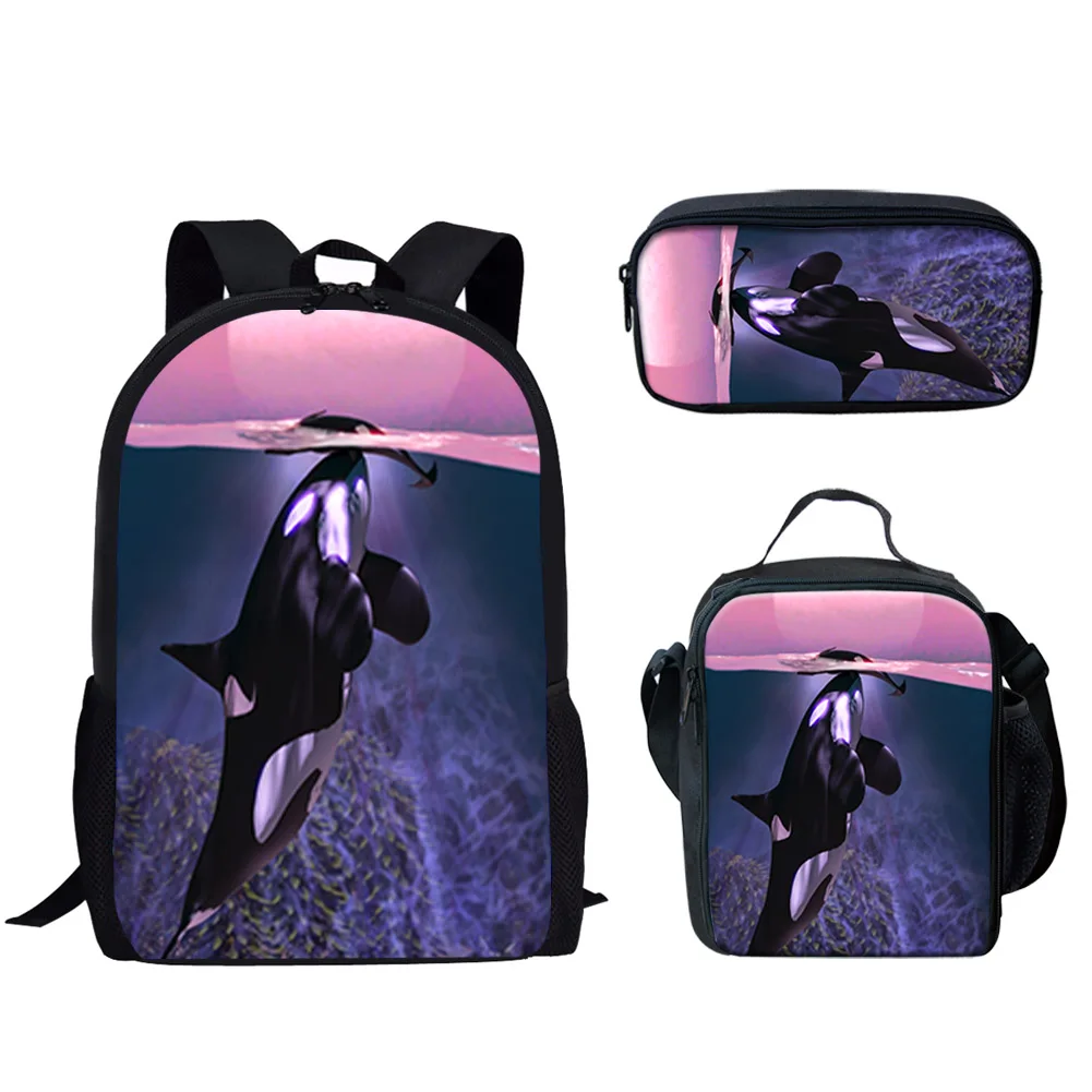 Ocean Killer Whales Design Print 3Pcs Student School Bag Set Girls Boys Backpack Lunch Bag Pencil Bag Teenager Travel Rucksacks