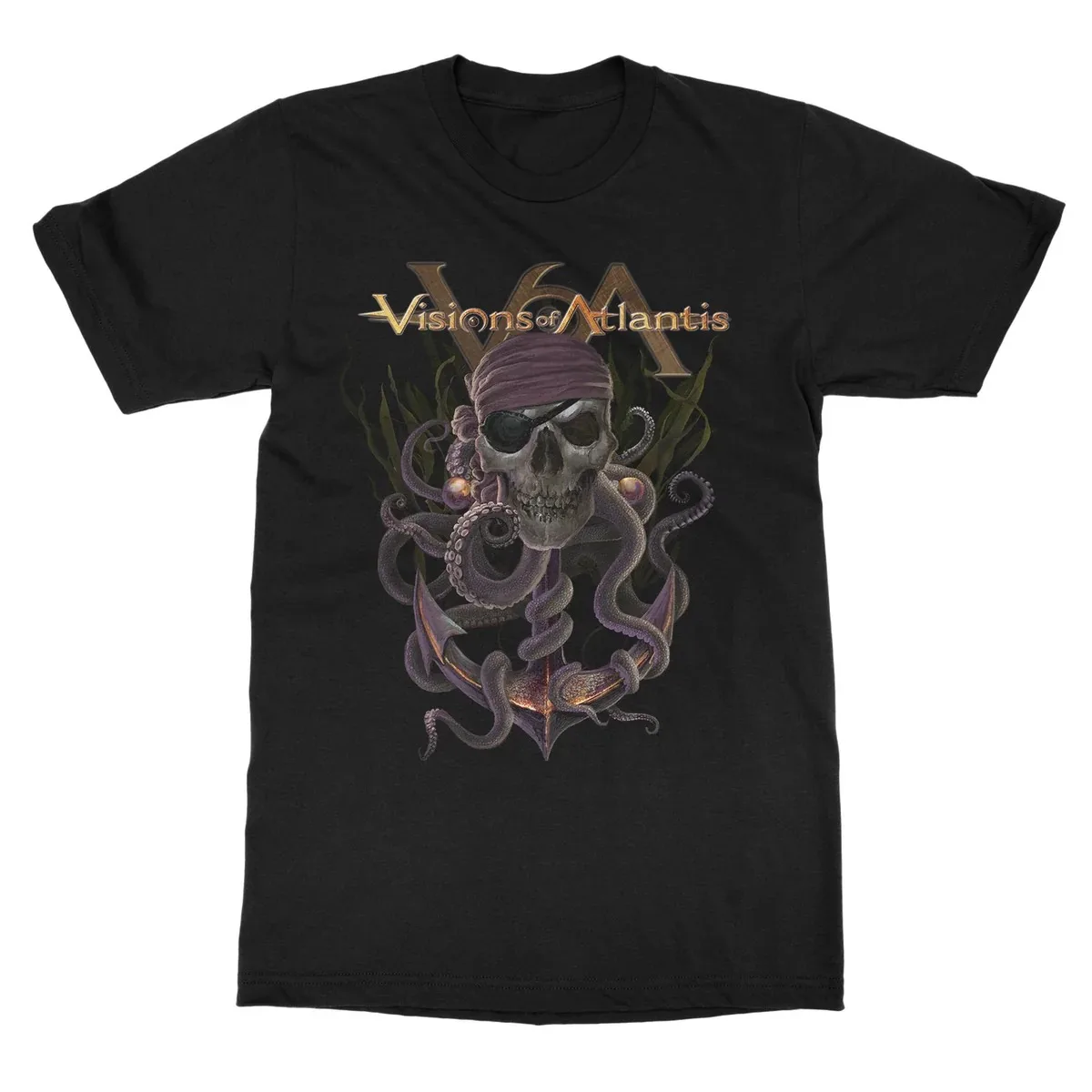 Visions of Atlantis Graphic T Shirt, Front Eyepatch Pirate Skull Octopus Tentacle Anchor Seaweed Pearl Realistic Art Print T