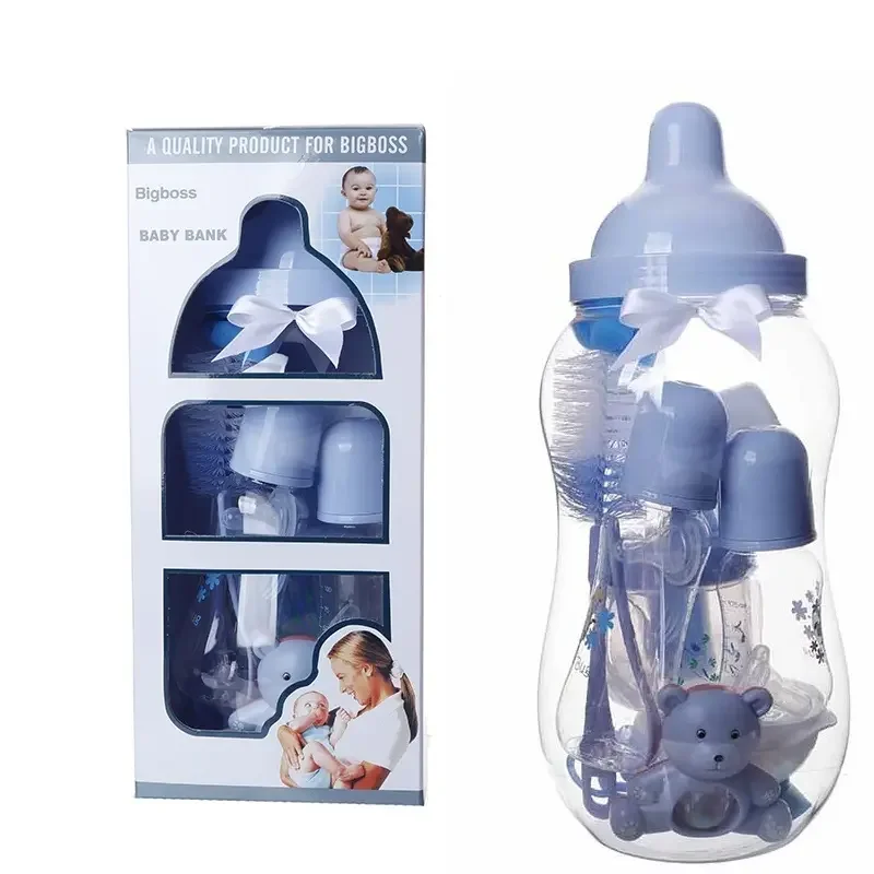 Baby Bank Feeding Bottle Sets Pink Blue Big Baby Giveaway Gift Money Bank Set