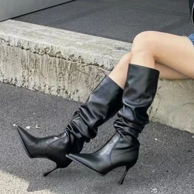 

2023 Autumn and Winter Fashion New Sexy Comfortable Pointed Toe Leather Solid Color Stiletto Women's Boots Botas Mujer