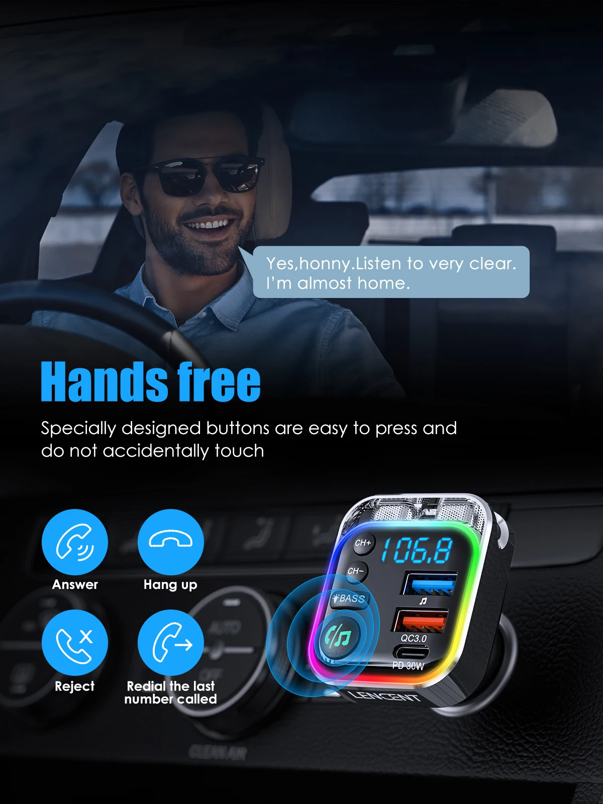 LENCENT Bluetooth 5.3 FM-передатчик с PD 30 Вт и быстрое зарядное устройство QC3.0 Автомобильный адаптер Bluetooth Hi-Fi Музыка/Прозрачный автомобильный комплект для вызова