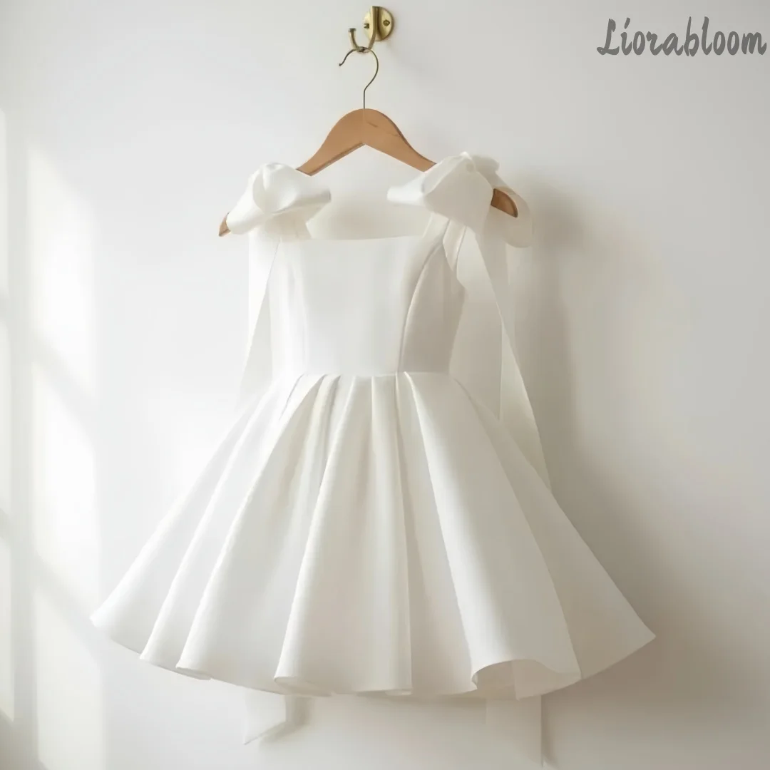 Custom Multi-Color Flower Girl Dress Custom Formal Knee-Length Dress with Large Bow Long Gown with Pleated Hem