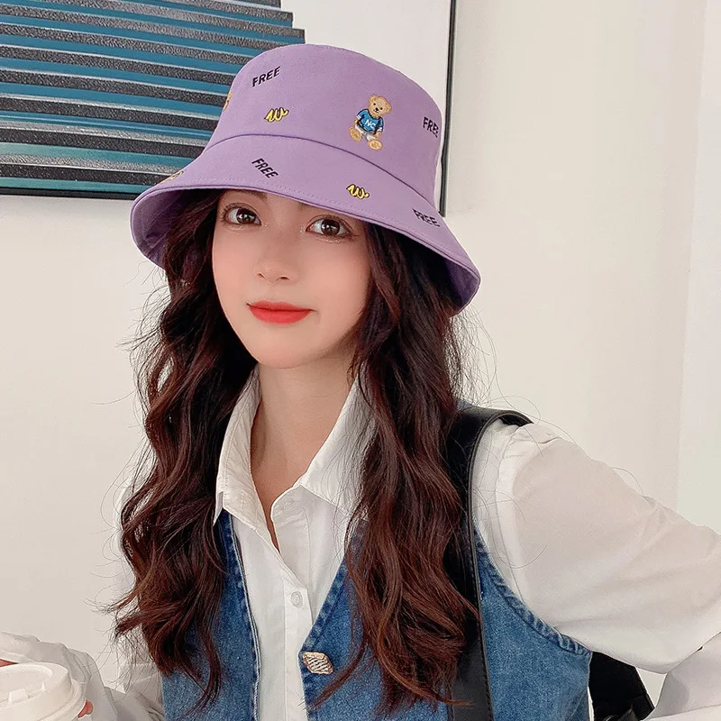 Fashion Spring Summer Fisherman Caps Women Cute Small Bear Embroidery Sunscreen Panama Hats Men Outdoor Sports Casual Bucket Hat