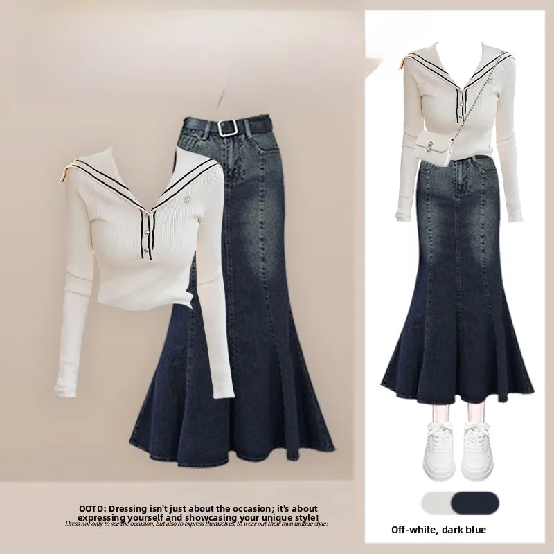 

Anti-Aging Autumn Set Women's Spicy Light Maturi Knitted Top High Waist Slimming Faion Semi-Body Skirt Two-Piece Set