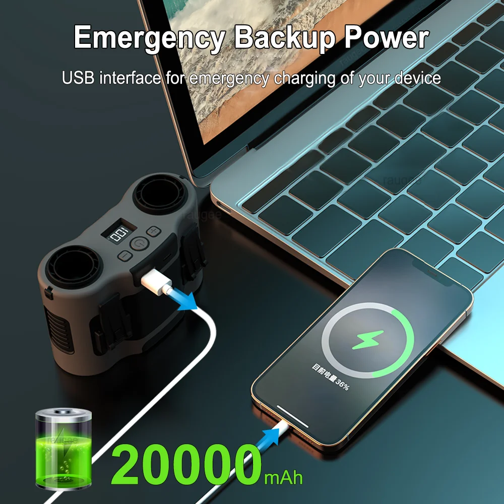 Kipas Klip Pinggang Portabel Kipas Gantung Isi Ulang USB Mini Dapat Dipakai untuk Pekerjaan Luar Ruangan Kipas Pinggang Saluran Udara Ganda 20000Mah