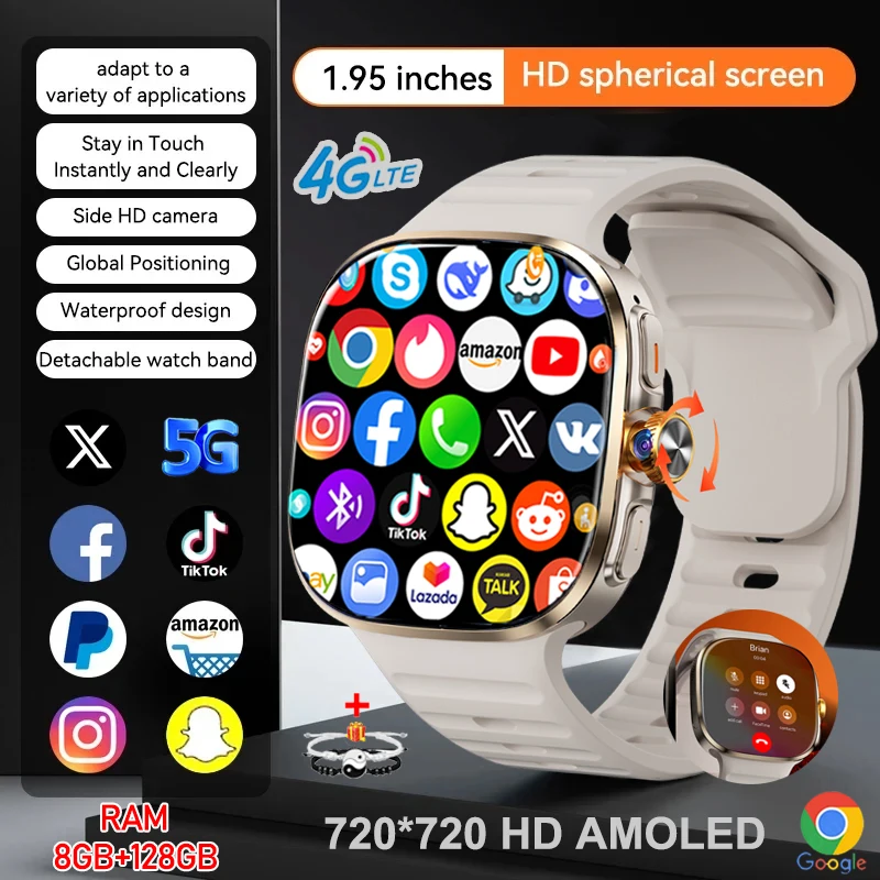 

5G/4G Full Network Smart Watch 2.4 inch 720*720 AMOLED Screen Video Call 8GB+128GB RAM 2100 mAh Google Play WIFI GPS Smartwatch