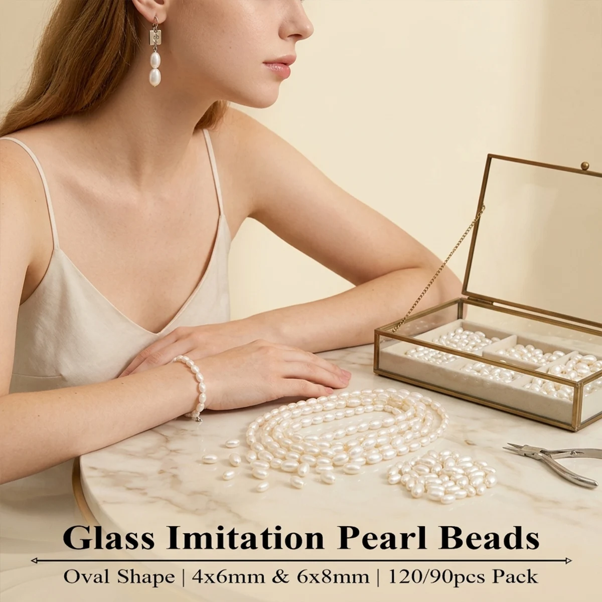 

5 Packs Oval Shape Glass Imitation Pearl Beads - DIY Jewelry Making Bracelet Earrings Material | 4x6mm & 6x8mm 120/90pcs/pack