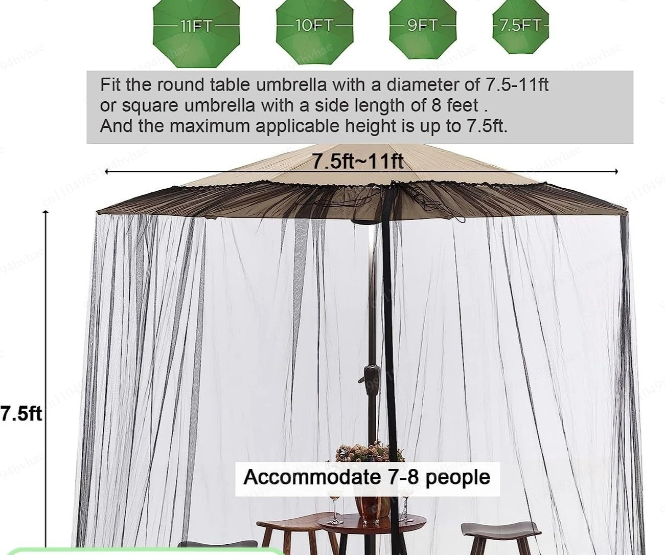 Cross-border outdoor terrace parasol mesh cover, plus size free installation camping outing double zipper mosquito net