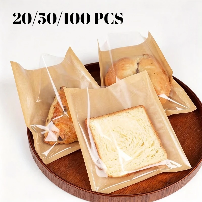 20/50/100PCS Oil Proof Disposable Paper Bread Bags Brown & White Bakery Storage Bags for Croissant Cookie Sandwich Home Kitchen