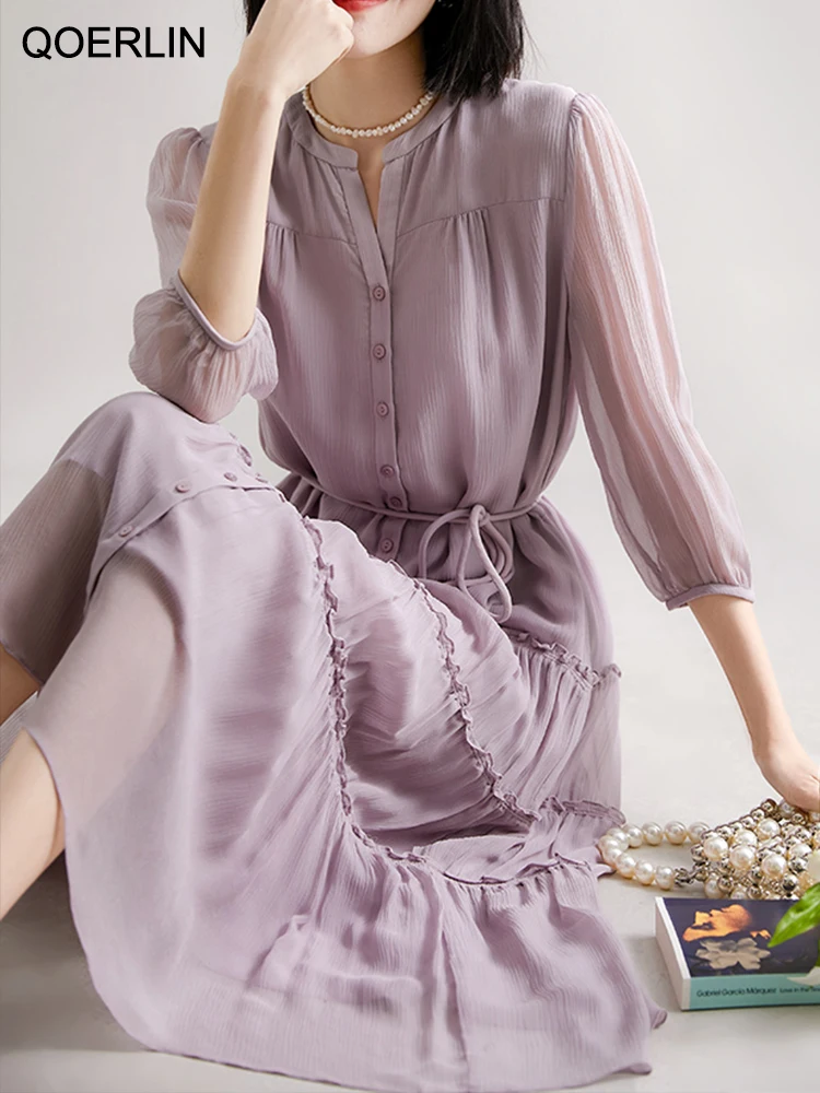 

QOERLIN Elegant Bandage Single-Breasted Ruffles Dress Three Quater Midi Dress with Liner Korean Fashion Loose Plain Purple Dress