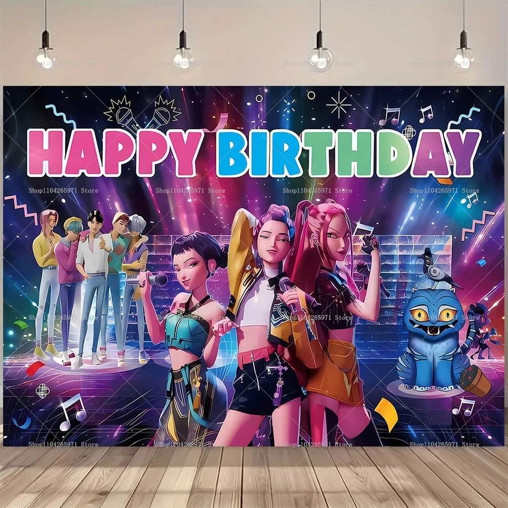 kpop Demon Hunters Backdrop Party Decor Kpop Demon Hunters Birthday Background Poster Happy Birthday Banner Photograph Supplies