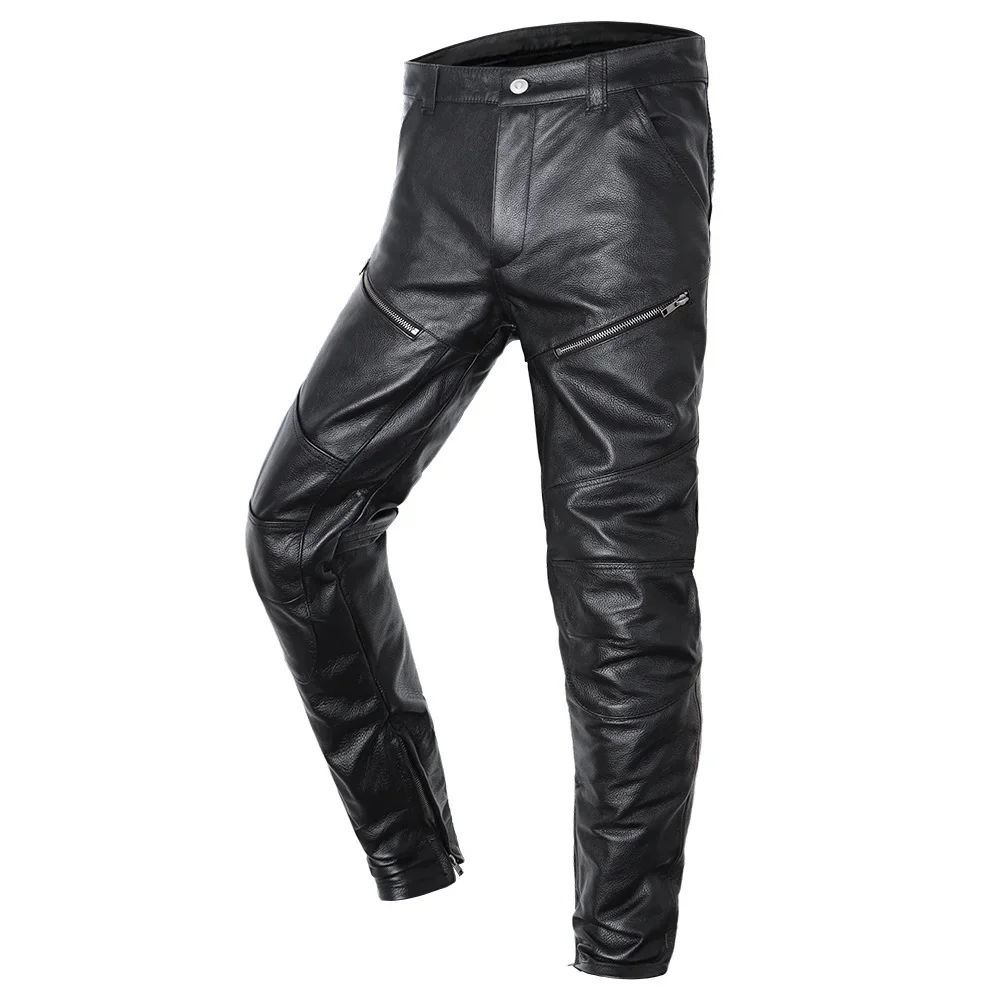 Motorcycle Genuine Leather Pant Men's Cowhide Trousers For Man High Quality Moto Biker Slim Pants Can Install Knee Protectors