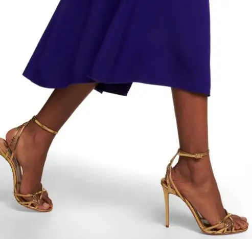 Size 46 Summer Women Gold Leather Round Open Toe Hollow Ankle Buckle Stiletto Heels Slingback Sandals Party Dress Shoes Lady