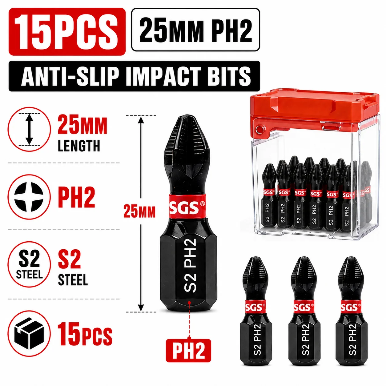 15/30-teiliges PH2 25mm Anti-Rutsch-Schlagschrauber-Bit-Set, S2-Stahl Phillips-Schlagbohrer-Bits mit Aufbewahrungsbox für Elektrobohrer – Detail 4