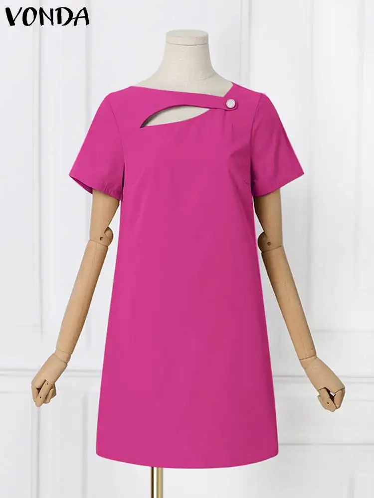 VONDA 2024 Summer Women Solid Color Mini Dress Casual O Neck Short Sleeve Short Sundress Beach Party Crew Neck Shirt Vestidos