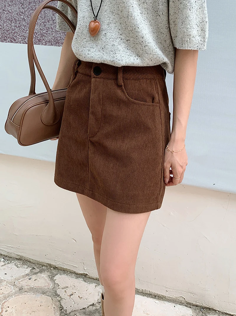 Grundlegende Hohe Taille Cord Mini Rock Frauen Herbst Neue Vintage College A-linie Röcke Tasche Koreanische Abnehmen Alle-Spiel Kurzen rock – Detail 15