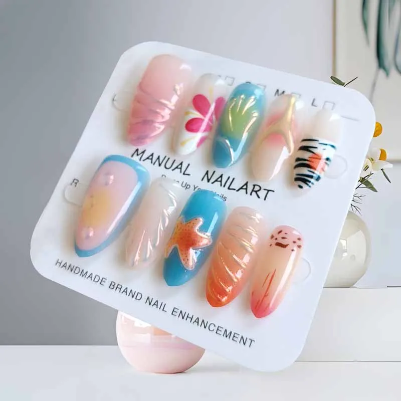 เล็บปลอมลายฝรั่งเศสสไตล์มหาสมุทร 3 มิติ ลายปลาโลมาและปลาดาว จำนวน 10 ชิ้น พร้อมลายตาแมวน่ารักหวานๆ