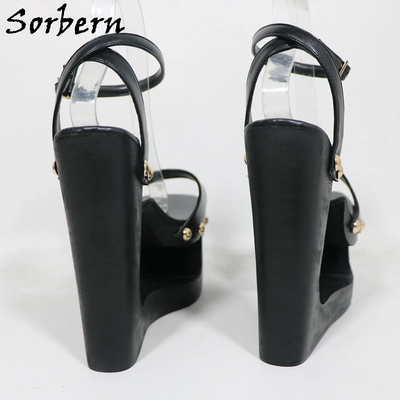 Sorbern الأسود الجوف خارج إسفين النساء الصنادل Slingback أحذية الصيف إسفين عالية الكعب مخصص الألوان الذهب المسامير #5