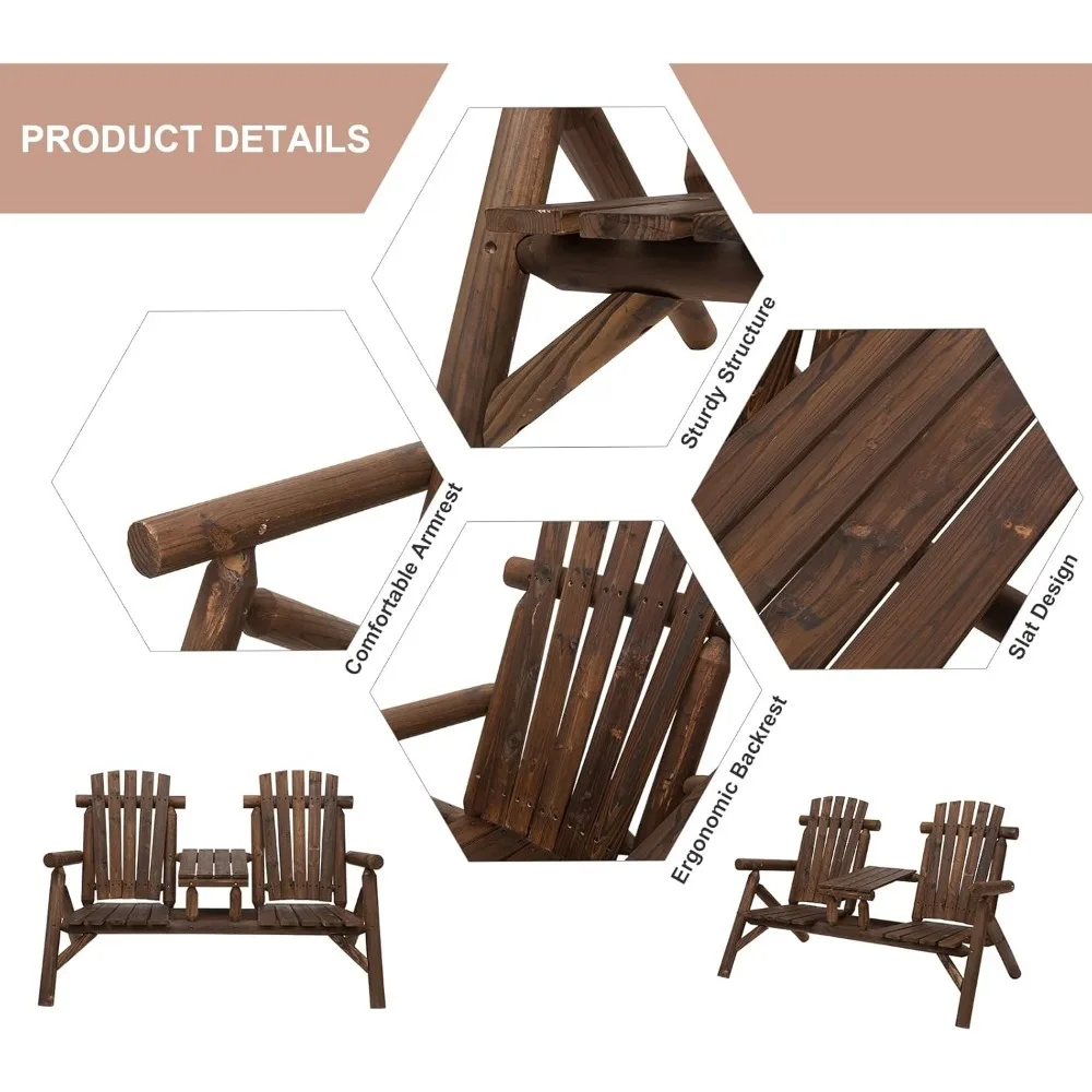 2-Seat Wooden Adirondack Chair, Patio Bench with Table, Outdoor Loveseat Fire Pit Chair for Porch, Backyard, Deck, Carbonized