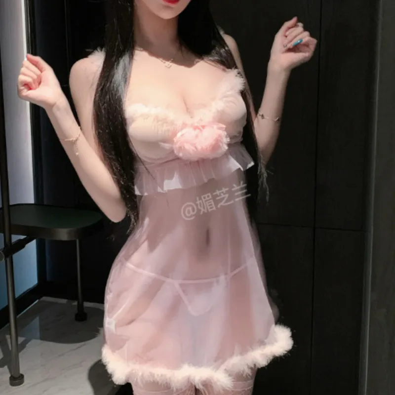 Sexy Transparent Dress Elegant Plush Sleepwear Push-Up Underwire Cute Girl Dress For Women Pure Desire Nightclub Playful XGEP - view 6