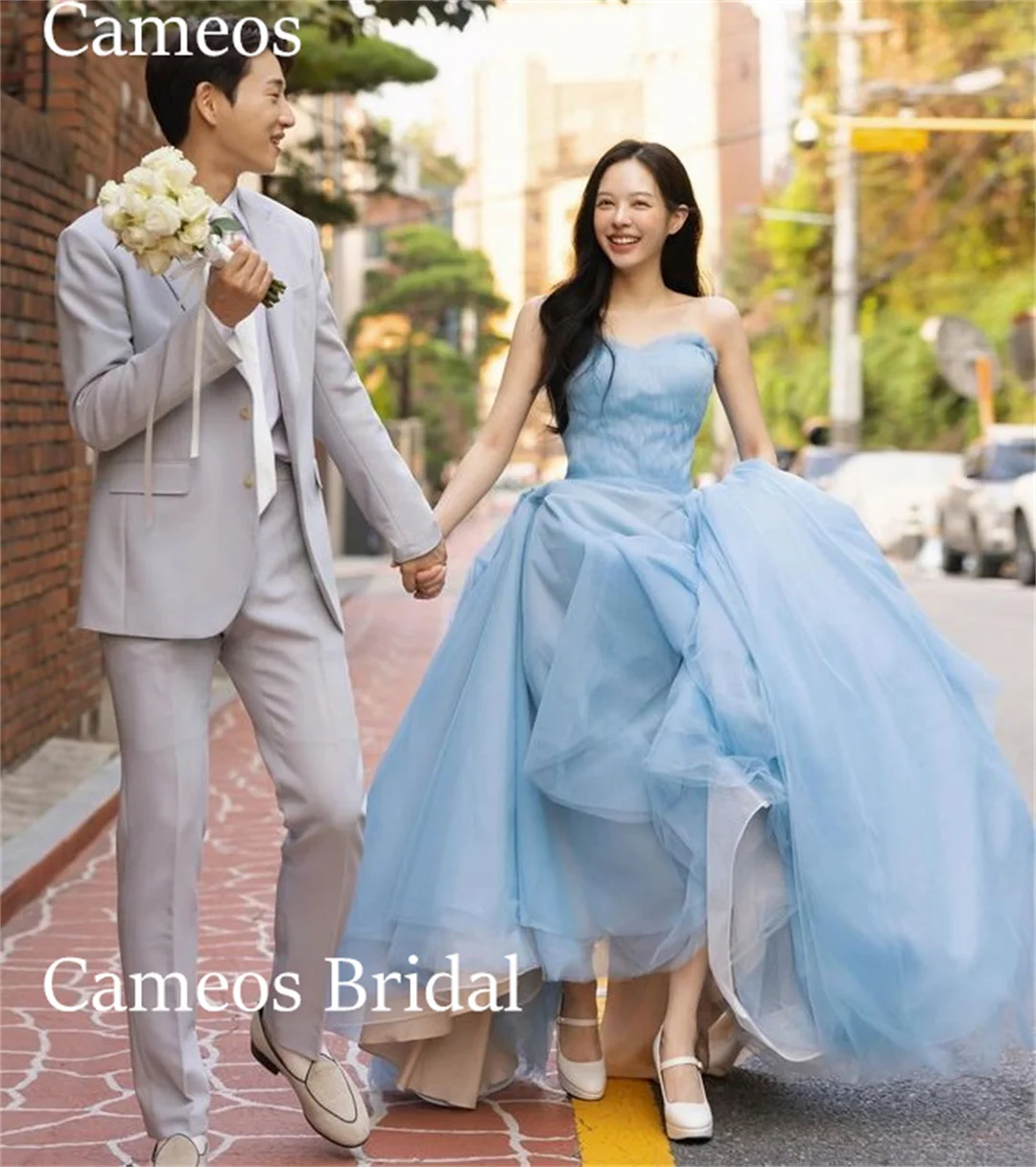 Sondr Korea träger loses Abendkleid maßge schneiderte formelle Ballkleid blaue Prinzessin Tüll 웨드레스 Anlass Party Abendkleid