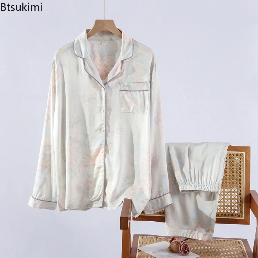 2025 Women's Casual Pajama Set Spring Summer High Grade Silk Long Sleeve Long Pants Two Piece Set Sleepwear Thin Home Clothing