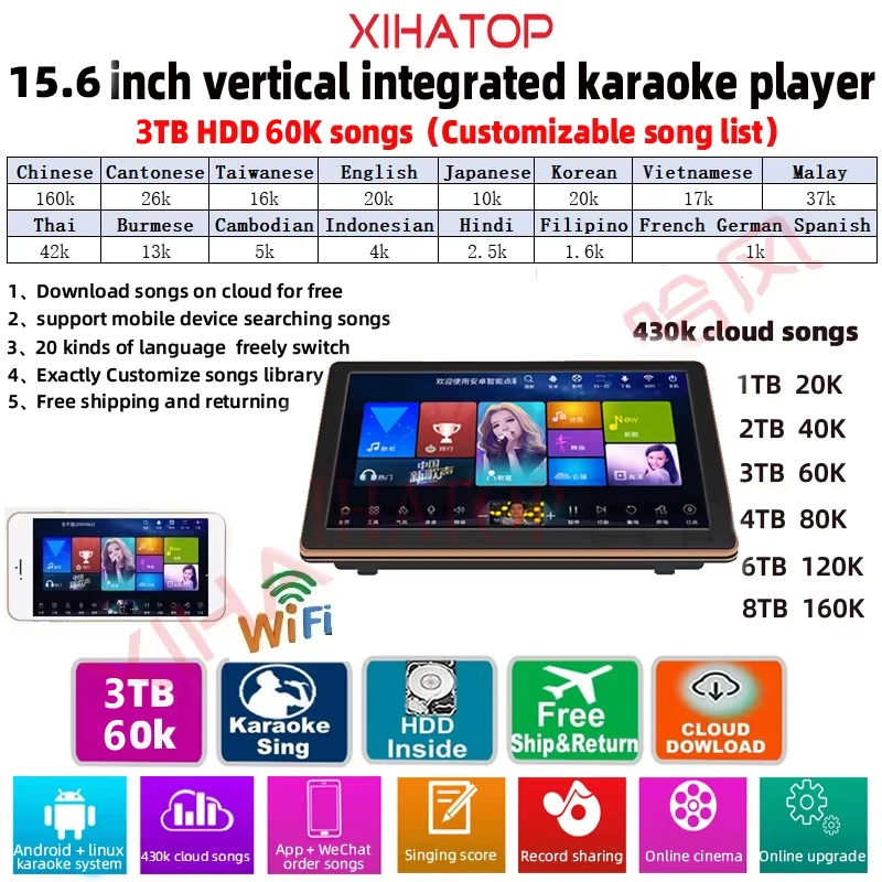 XIHATOP 15.6-inch 3TB HDD karaoke player touch screen,YouTube WiFi online cloud download,suitable for KTV bar family gatherings