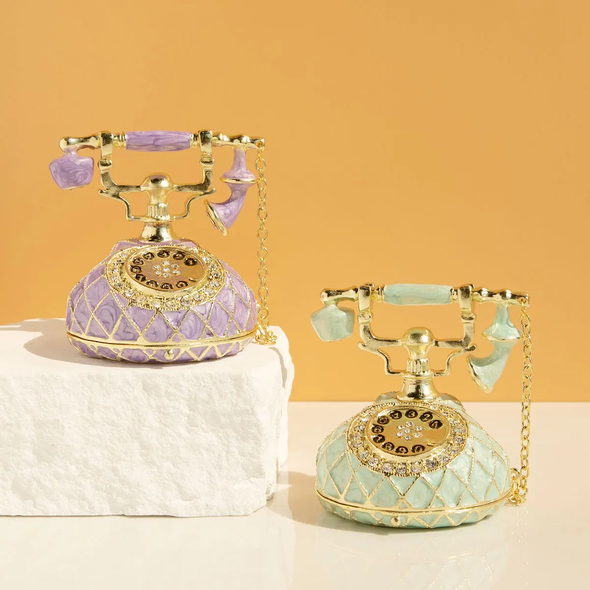 

Vintage Small Purple Telephone Shaped Trinket Box ,Unique Gift for Family ,Green Enamel Victorian Style Ornaments for Home Deco