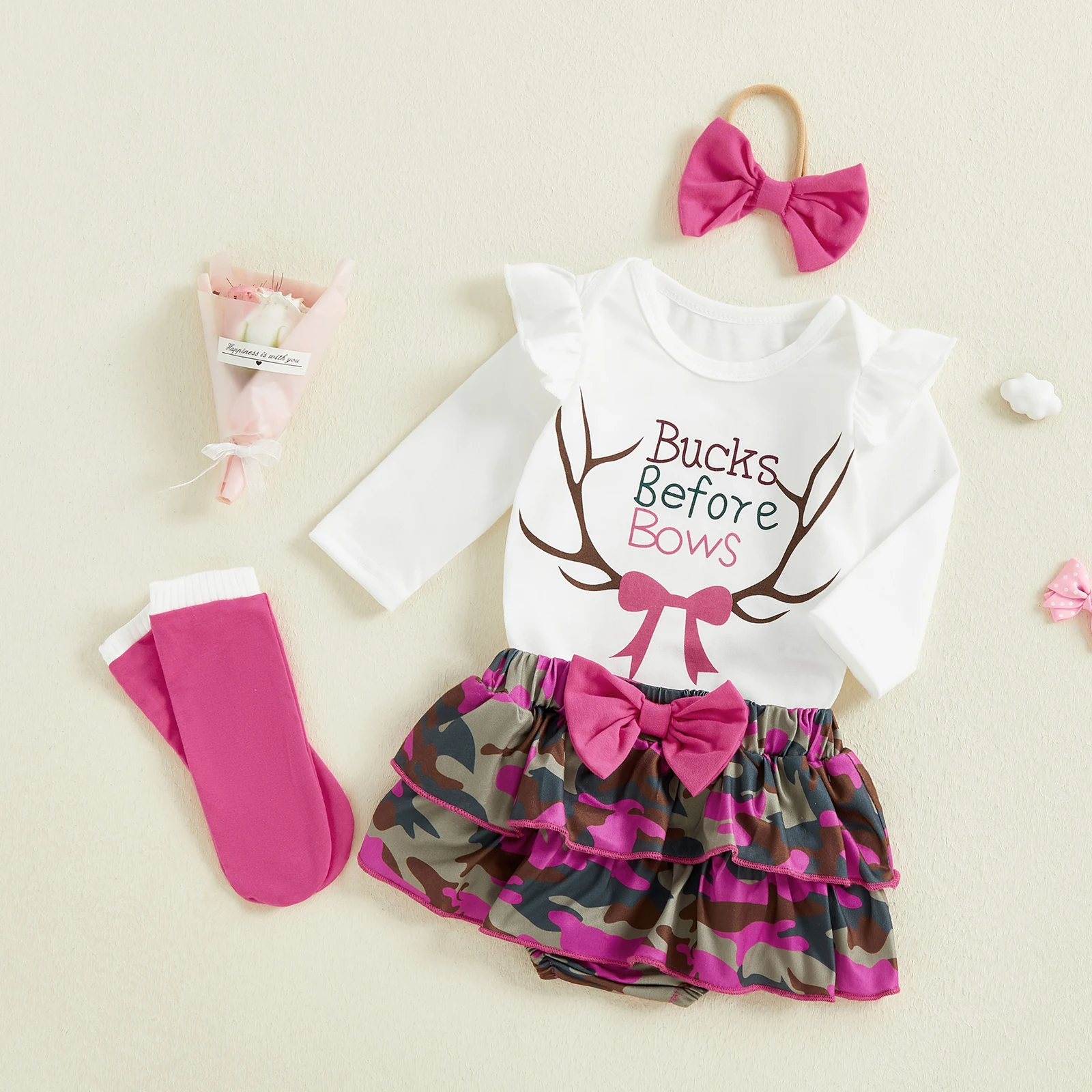 Tregren Infant Newborn Baby Girl Christmas Outfit, Long Sleeve Letters Antlers Romper with Layered Shorts Bow Headband Socks