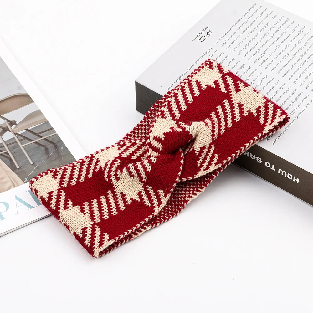 Elastisch gestricktes klassisches kariertes Herbst- und Winter-Keepwarm-Stirnband – Detail 5
