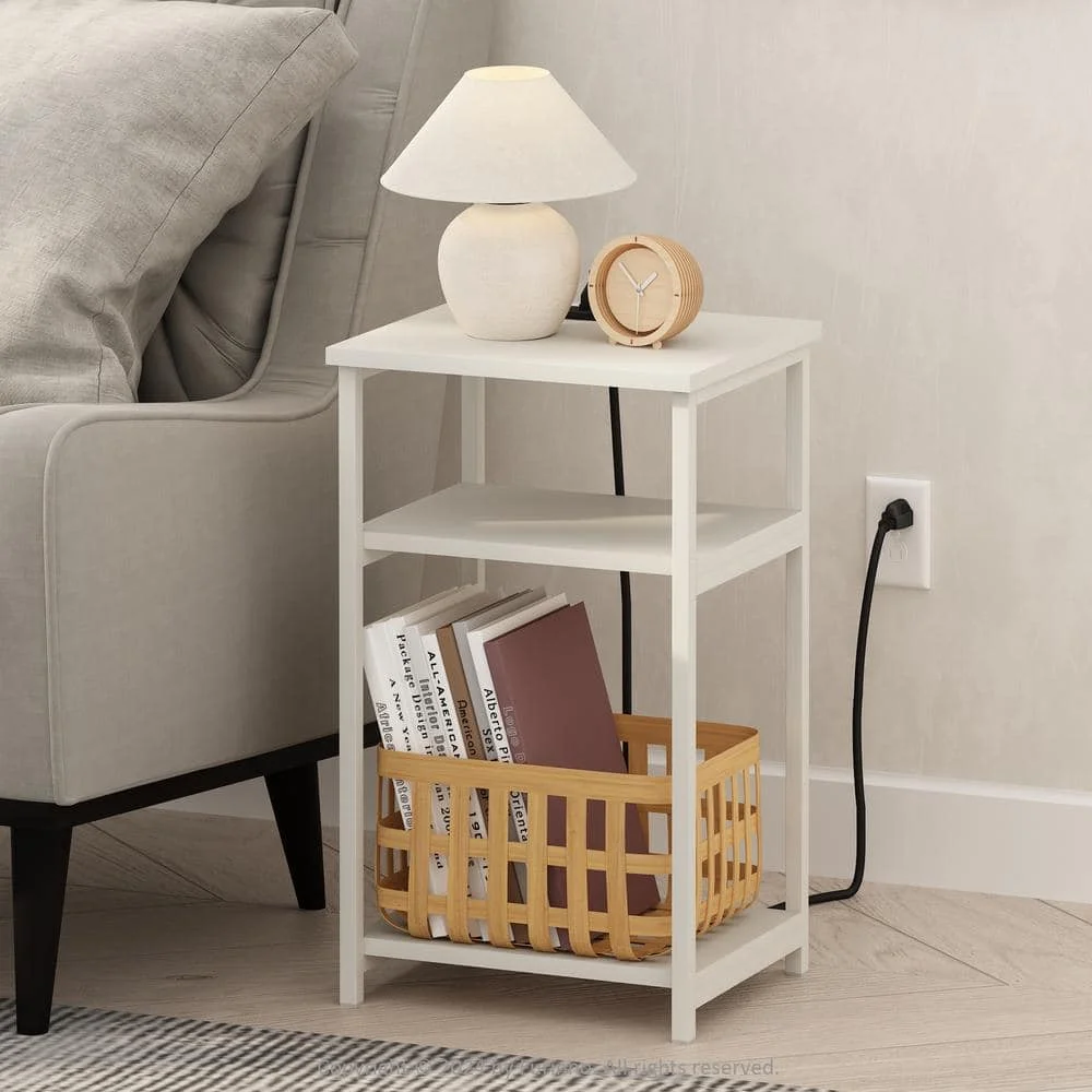 

13.39 in White Rectangle Wood End Table with USB and Type-C Charging Station
