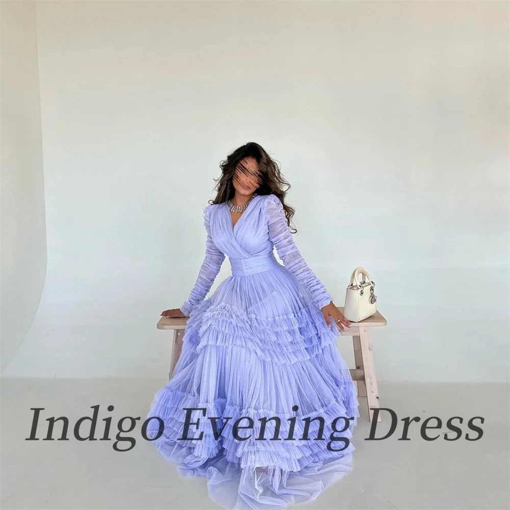 Indigo Tulle Prom Dresses V Neck Long Sleeves  Floor-Length A Line Women Formal Party Elegant Gown 2024 vestidos de gala