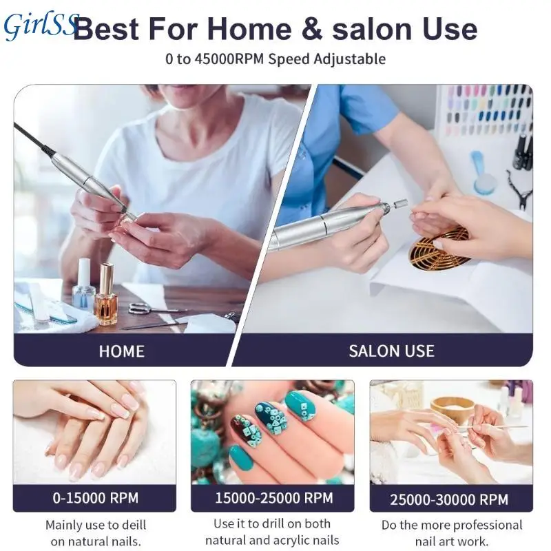 Máy khoan móng tay điện 2 trong 1 45000RPM Bộ máy khoan móng tay Dũa móng tay Làm móng tay T4MB