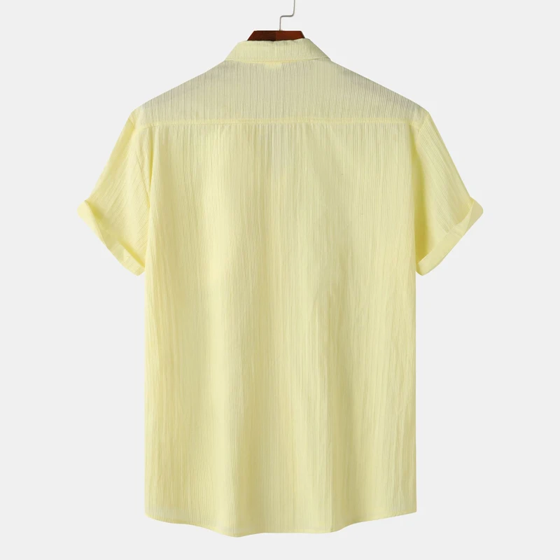Yellow Jacquard Summer Beach Shirt Men 2024 Brand New Short Sleeve Button Down Hawaiian Shirt Casual Breathable Holiday Chemise