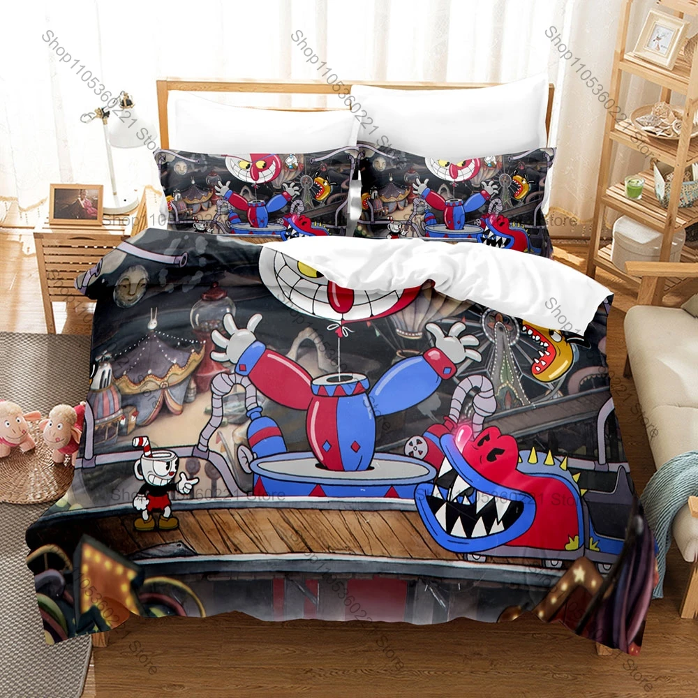 Cool Cuphead and Mugman Bedding Set Includes Duvet Cover + 2 Pillowcases 1930s Retro Rubber Hose Run And Gun Game Bedroom For Ga